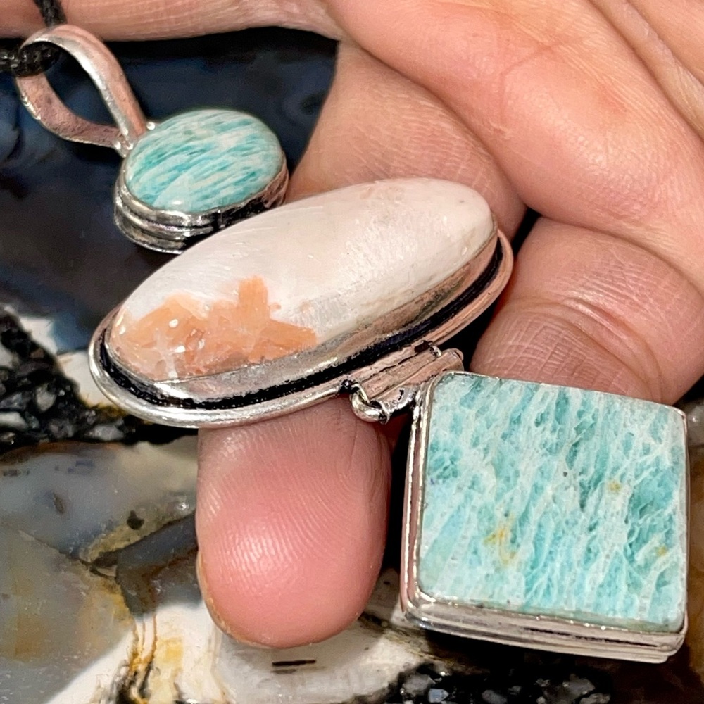 Amazonite Pair with Scolecite Crystal Pendant 3 1/4”